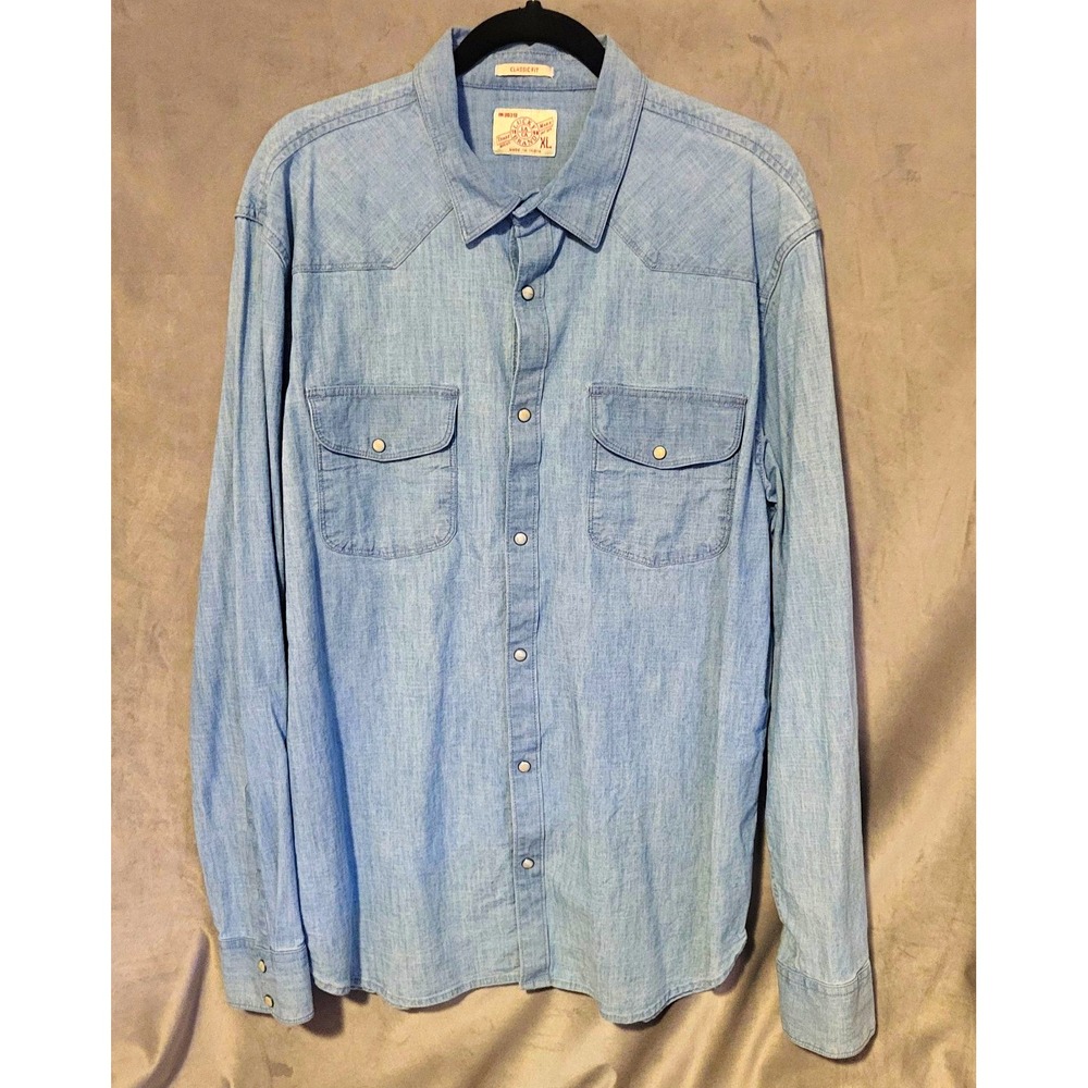 Lucky Brand Men's XL Classic Fit Blue Chambray Snap Button-Up Shirt Long Sleeve